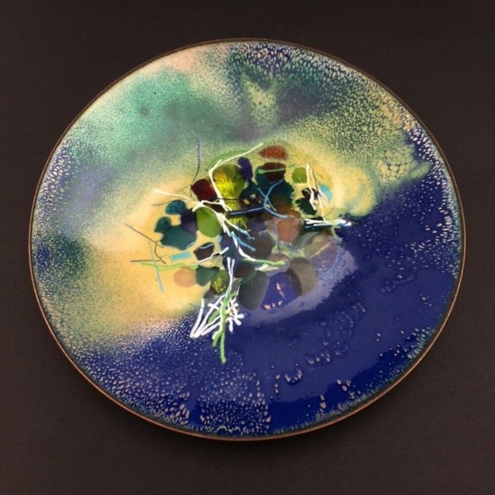 Handmade Enamel on Copper Decorative Plate Abstract with Glass Details Vintage